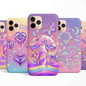 May include: Set of five phone cases with different designs featuring a rainbow, mushrooms, butterflies, hearts, and stars. The cases are all in shades of pink, purple, and blue.