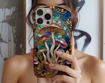 Stained Glass Mushrooms Aesthetic Phone Case iPhone 17e 17 16e 16 15 14 13 12 MagSafe Samsung Galaxy S26 S25 S24 S23 Google Pixel 10 9 Gift