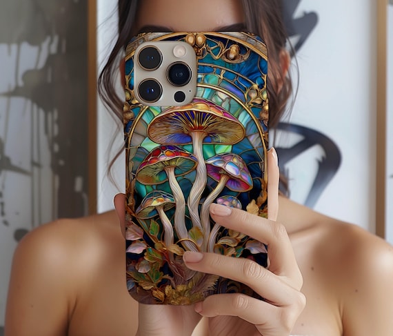 Stained Glass Mushrooms Aesthetic Phone Case iPhone 18 17e 17 16e 16 15 14 13 12 MagSafe Samsung Galaxy S26 S25 S24 S23 Google Pixel 11 Gift