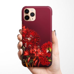 Burgundy Floral Flowers Case for iPhone 16e 16 15 14 13 12 11 XR Samsung Galaxy S25 S24 S23 S22 S21 elegant, gift for her burgundy gift idea