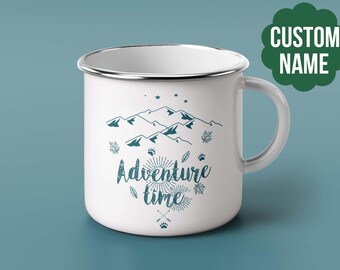 Custom Name Adventure Time Wanderlust Enamel Mug, Camping Mug, Picnic Mug, Metal Mug Personalised