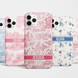 Aangepaste naam roze blauwe Toile-telefoonhoes beschikbaar voor iPhone 16 15 14 13 12 11 Samsung Galaxy S25 S24 S23 Google Pixel 9 8 7 6 MagSafe French