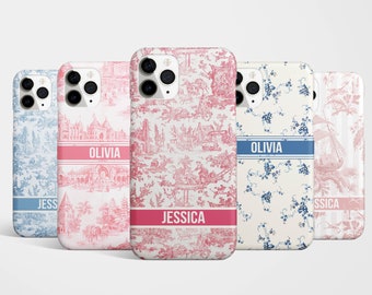 Funda de teléfono con nombre personalizado en tela rosa y azul para iPhone 17e, 17, 16e, 16, 15, 14, 13 y 12. MagSafe para Samsung Galaxy S26, S25 y S24. Idea de regalo francesa para Google Pixel 10.