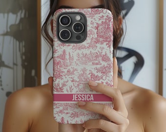 Custom Name Pink Toile Phone Case for iPhone 16e 16 15 14 13 12 11 Samsung Galaxy S25 S24 S23 S22 Google Pixel 9 8 7 6 MagSafe French gift