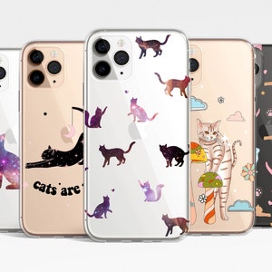 Cute Cat Clear Phone Case iPhone 16e 16 15 14 13 12 11 XR Samsung Galaxy S25 S24 S23 S22 cosmic kitten mushroom funny Clear Case TPU Hybrid