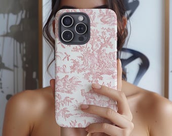Pink Toile Phone Case iPhone 17e 17 16e 16 15 14 13 12 11 MagSafe Samsung Galaxy S26 S25 S24 S23 S22 Google Pixel 10 French Floral Gift idea