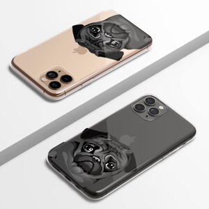 May include: Two clear phone cases with a black and white pug illustration. The phone cases are shown on a white surface.