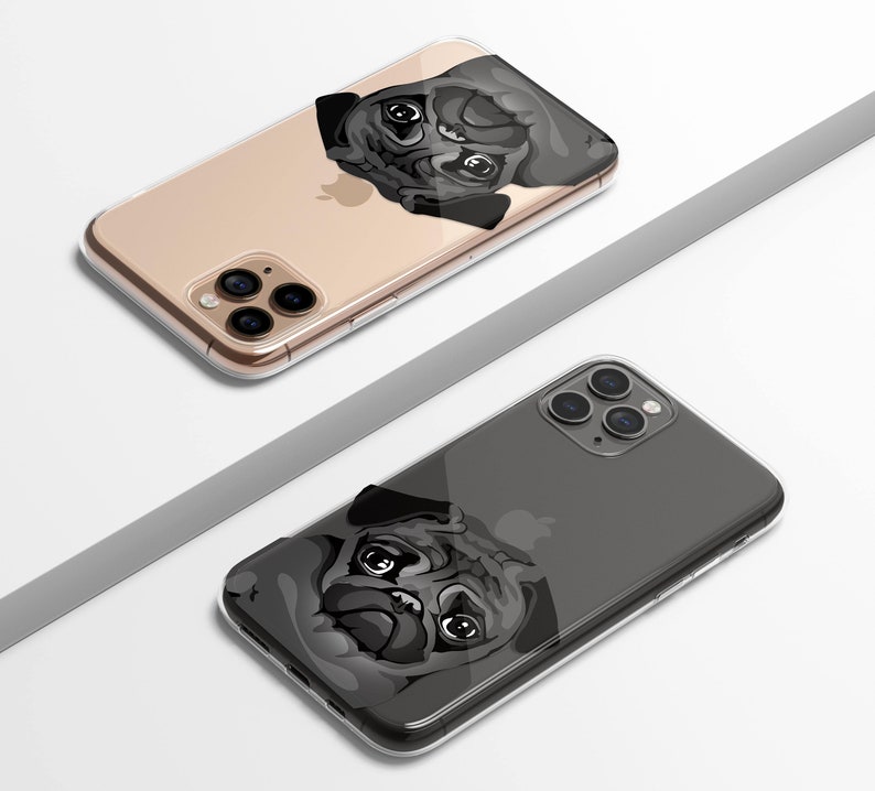 May include: Two clear phone cases with a black and white pug illustration. The phone cases are shown on a white surface.