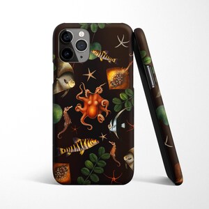 May include: A black phone case with a colorful underwater scene. The design features an octopus, fish, starfish, and seaweed on a dark background.