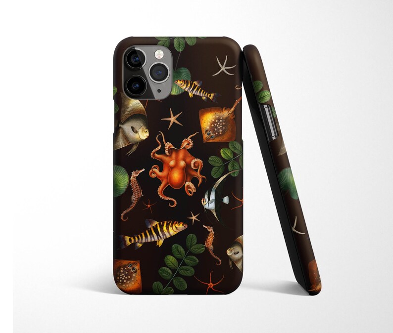 May include: A black phone case with a colorful underwater scene. The design features an octopus, fish, starfish, and seaweed on a dark background.