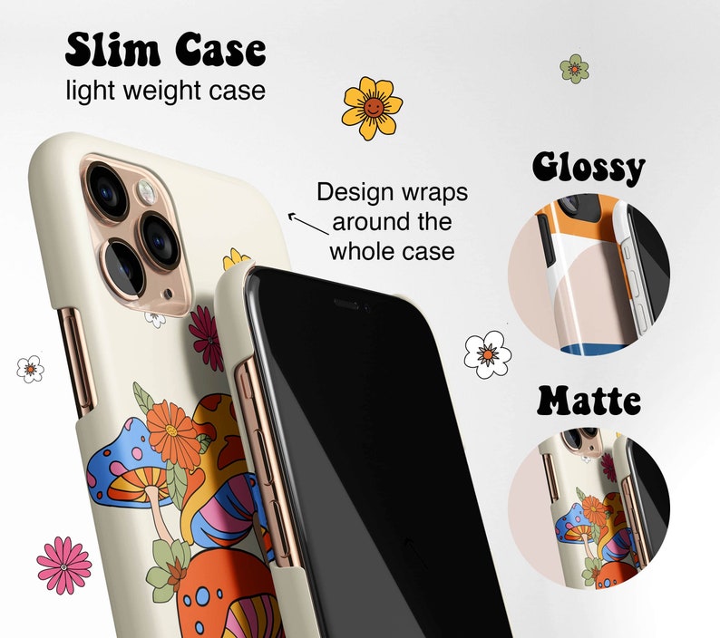 May include: Cream-colored phone case with a colorful mushroom and flower design. The case has a slim, lightweight design and wraps around the whole case. The image also shows a glossy and matte finish option.