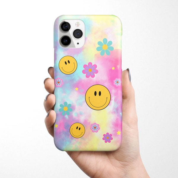 Tie Dye Smiley Y2K Phone Case for iPhone 15 14, 13, 12, 11, XR XS 8 Samsung Galaxy S24 S23 S22, S21, S20 Retro Phone Case , Rainbow, Emoji