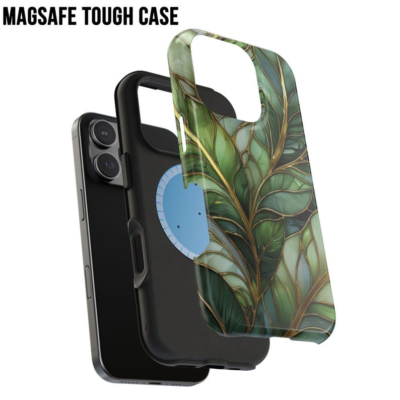 May include: A black phone with a MagSafe Tough Case. The case features a green and gold leaf design. The text "MAGSAFE TOUGH CASE" is at the top. The phone is partially disassembled, showing the phone, the case, and the MagSafe component.