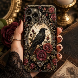 Raven Stained Glass Phone Case iPhone 17e 17 16e 16 15 14 13 12 MagSafe Samsung Galaxy S26 S25 S24 S23 S22 Pixel 10 Aesthetic Fall gift