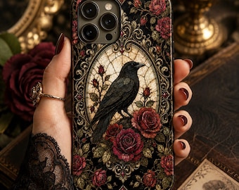 Raven Stained Glass Phone Case iPhone 17e 17 16e 16 15 14 13 12 MagSafe Samsung Galaxy S26 S25 S24 S23 S22 Pixel 10 Aesthetic Fall gift