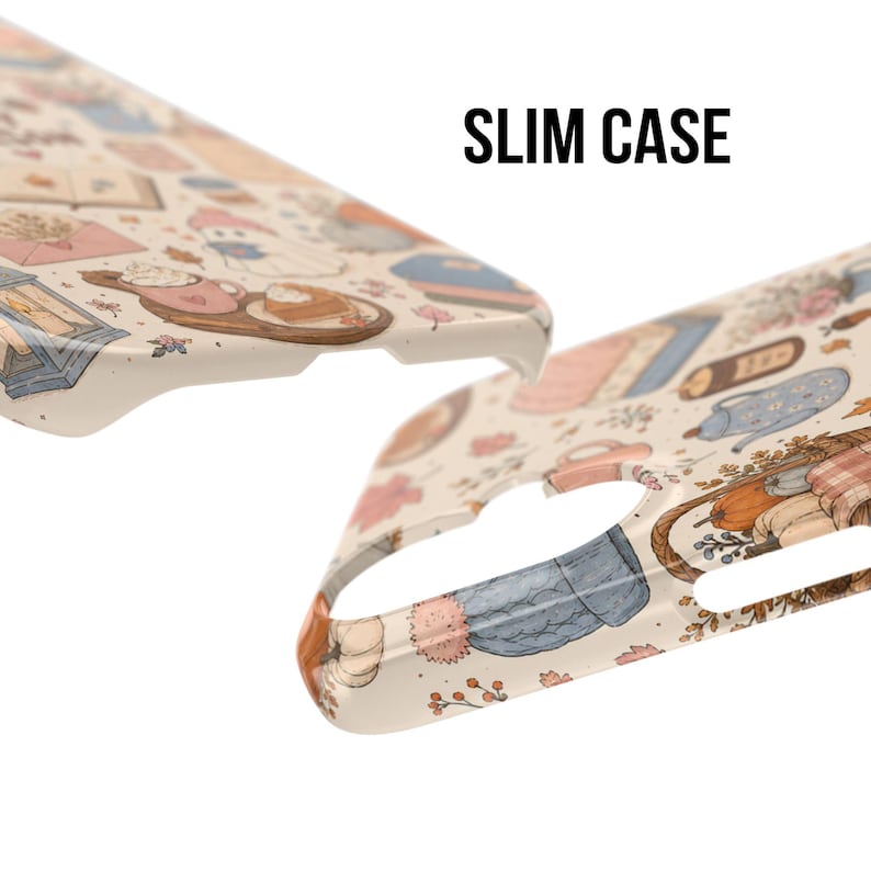 May include: A slim case phone cover featuring a cream background with a repeating pattern of autumn-themed illustrations including pumpkins, ghosts, hot beverages, books, and lanterns. The text SLIM CASE is printed in black in the upper right.