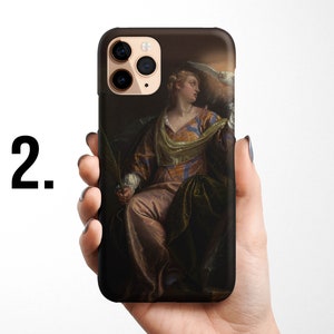 Pode incluir: Uma capa de telefone com uma pintura de uma mulher com uma t&uacute;nica colorida e um p&aacute;ssaro branco em seu ombro. O fundo &eacute; escuro e a mulher &eacute; o ponto focal da imagem.