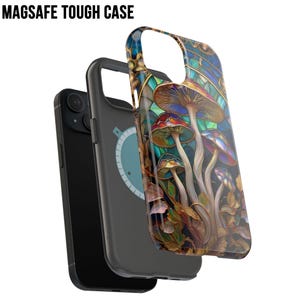 May include: A phone case with a colorful mushroom design. The case features a vibrant illustration of mushrooms in shades of red, yellow, and blue, set against a dark background. The text "MAGSAFE TOUGH CASE" is displayed at the top.