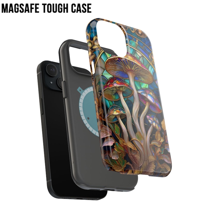 May include: A phone case with a colorful mushroom design. The case features a vibrant illustration of mushrooms in shades of red, yellow, and blue, set against a dark background. The text "MAGSAFE TOUGH CASE" is displayed at the top.