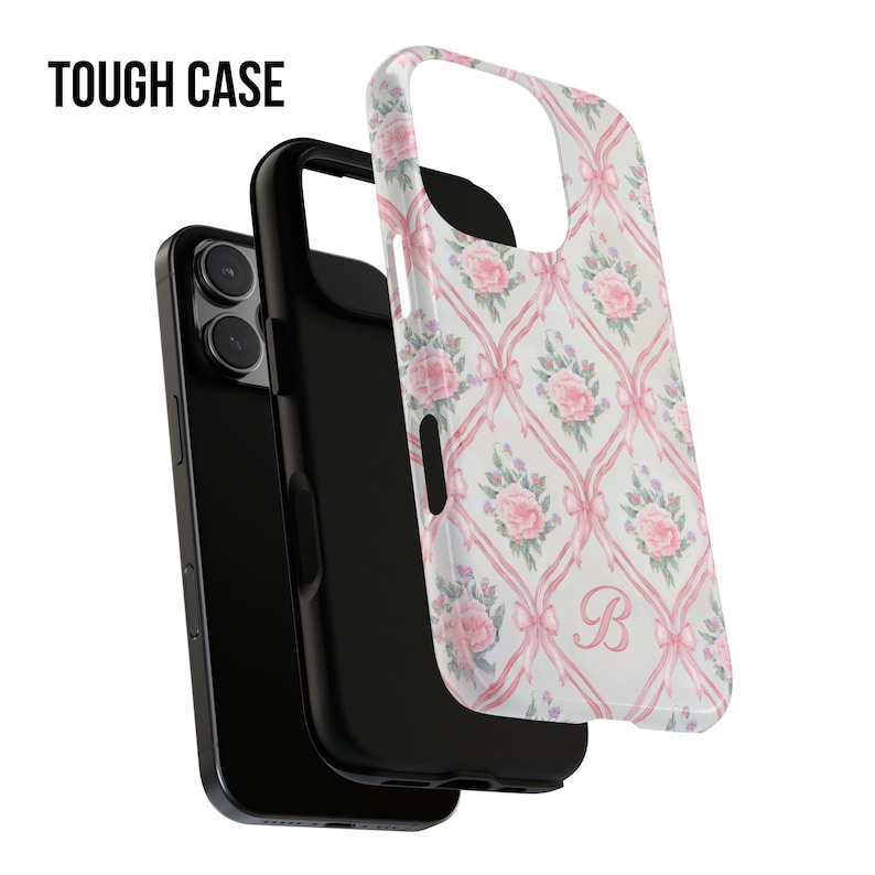 May include: A tough case for a phone with a pink floral pattern and a white letter "B" in the center. The case is made of durable plastic and has a raised lip to protect the screen.