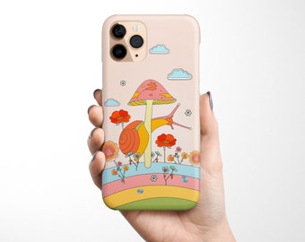 Bright Snail Mushroom Phone Case iPhone 16e 16 15 14 13 12 11 Samsung Galaxy S25 S24 S23 S22 S21 groovy retro case smiling flowers, mushroom
