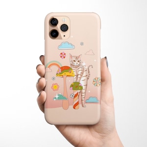 Retro Cat Mushroom Phone Case available for iPhone 16e 16 15 14 13 12 11 XR Samsung Galaxy S25 S24 S23 S22 S21 Kitten Cats Flowers gift