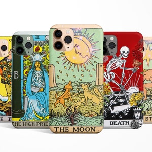 Tarot Hippie Handyhülle iPhone 16e 16 15 14 13 12 11 Samsung S25 S24 S23 S22 Pixel 9 MagSafe spirituelle Tod Tarot Hohepriesterin, Mond