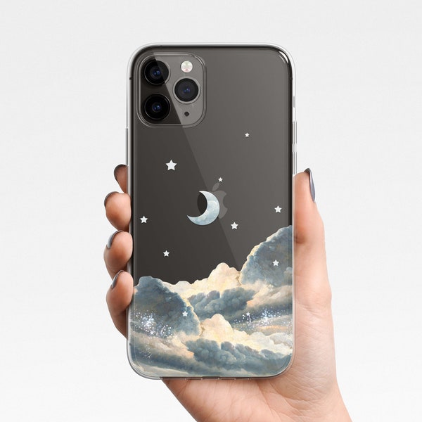 Funda para teléfono estética Moon Clouds para iPhone 17e 17 16e 16 15 14 13 12 Samsung Galaxy S26 S25 S24 S23 S22, funda transparente de TPU híbrida con pintura de estrellas