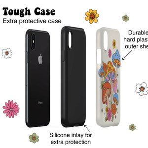 May include: A black iPhone and two phone cases. One case is black, the other is clear with a colorful mushroom and flower design. The text reads "Tough Case, Extra protective case, Durable hard plastic outer shell, Silicone inlay for extra protection."