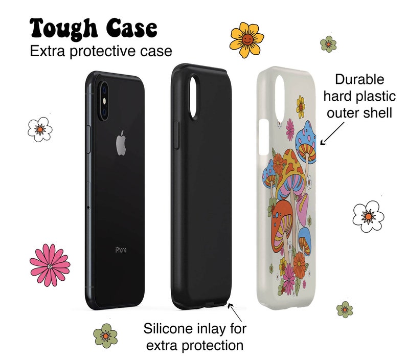 May include: A black iPhone and two phone cases. One case is black, the other is clear with a colorful mushroom and flower design. The text reads "Tough Case, Extra protective case, Durable hard plastic outer shell, Silicone inlay for extra protection."