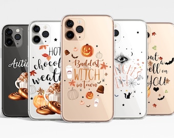 Autumn Witch Clear Pumpkin Phone Case iPhone 17e 17 16e 16 15 14 13 12 MagSafe Samsung Galaxy S26 S25 S24 S23 halloween transparent gift