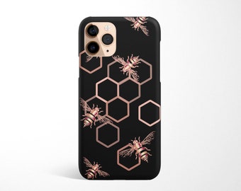 Bee Black Phone Case available for iPhone 16e 16 15 14 13 12 11 XR XS Samsung Galaxy S25 S24 S23 S22 S21, S20 animal, rose gold beehive gift