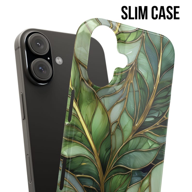 May include: A slim phone case featuring a green and gold leaf design. The case is shown next to a black smartphone. The text "SLIM CASE" is printed in black at the top of the image.