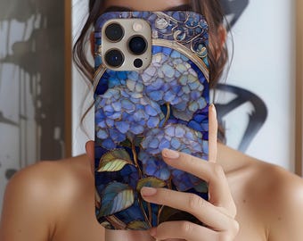 Stained Glass Blue Hydrangea Aesthetic Phone Case iPhone 17e 17 16e 15 14 13 12 Samsung Galaxy S26 S25 S24 S23 Google Pixel 10 MagSafe Gift