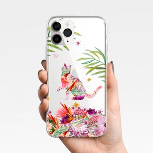 Floral Cat Tropical Clear Phone Case iPhone 16e 16 15 14 13 12 11 Samsung Galaxy S25 S24 S23 S22 kitten, Clear Case TPU Hybrid Transparent