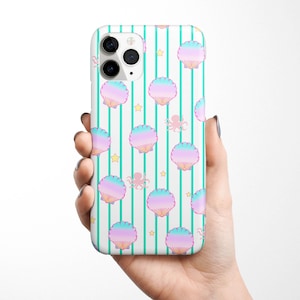 May include: A white iPhone case featuring a pattern of pastel pink, blue and purple seashells and pink octopuses on a turquoise and white striped background.