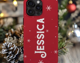 Funda personalizada con nombre para teléfono, diseño navideño rojo, compatible con iPhone 17e, 17, 16e, 16, 15, 14, 13, 12, 11, MagSafe, Samsung Galaxy S26, S25, S24, S23, S22 y Pixel 10 (copo de nieve).