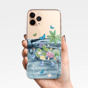 Frühling Floral ästhetik Handy Hülle für iPhone 16e 16 15 14 13 12 11 XS Samsung Galaxy S25 S24 S23, S21 S20 Klarsichthülle TPU Jeans Cottagecore