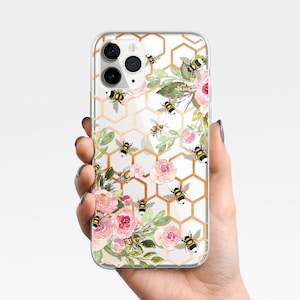 Bee Honeycomb Floral Clear Phone Case for iPhone 15, 14 13 12 Samsung Galaxy S24 S23 S22 Ultra S21 S20 spring gift Clear Case TPU Hybrid