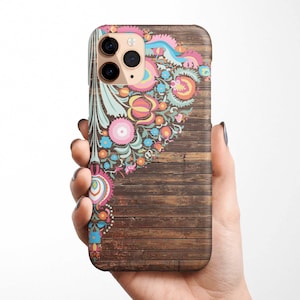 Bohemian Floral Folk Phone Case for iPhone 15 14 Pro 14, 13, 12, 11, XS Samsung S24 S23 S22 Ultra, S21, S20, S10, wood texture, embroidery