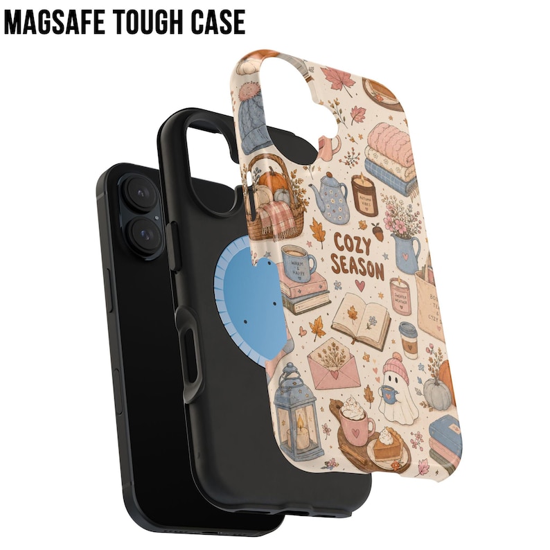 May include: A MagSafe tough phone case featuring a cream background with a pattern of autumn-themed illustrations including pumpkins, books, candles, lanterns, and a ghost, with the text COZY SEASON printed in brown letters on the back surface.