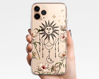 Celestial Sun Clear Phone Case iPhone 17e 17 16e 16 15 14 13 12 11 Samsung Galaxy S26 S25 S24 S23 S22 moon floral flowers TPU Hybrid gift