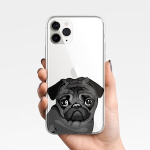 May include: A clear phone case with a black and white illustration of a pug dog. The case is designed for an iPhone with a triple lens camera.