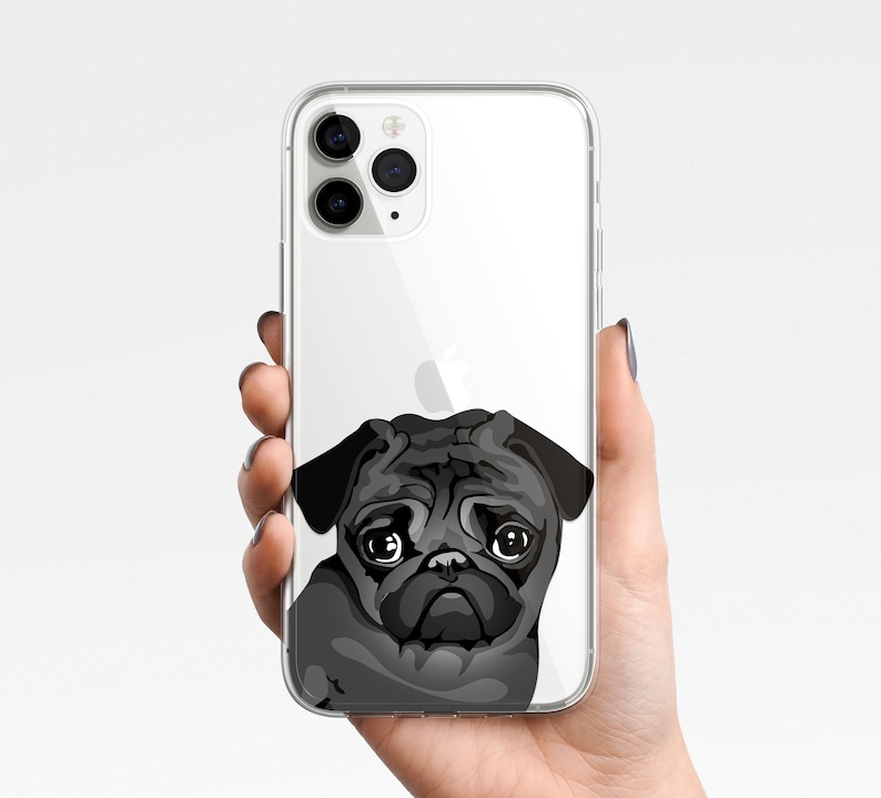 May include: A clear phone case with a black and white illustration of a pug dog. The case is designed for an iPhone with a triple lens camera.
