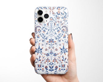 Blauwe bloemen telefoonhoes voor iPhone 15 14 13 12 11 Samsung Galaxy S24 S23 S22 S21 cottagecore marineblauwe bloemen, bloemen, folk, borduurwerk cadeau