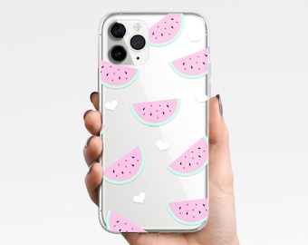 Custodia per telefono a forma di anguria per iPhone 17e 17 16e 16 15 14 13 12 11 Samsung Galaxy S26 S25 S24 S23 S22 Custodia trasparente in TPU ibrido a forma di cuore, estate, rosa, regalo