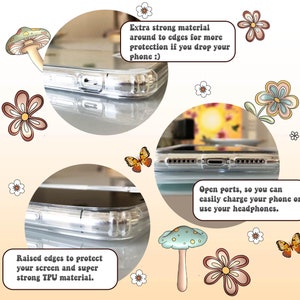 May include: A clear phone case with raised edges to protect the screen. The case has open ports for charging and headphones. The text "Extra strong material around to edges for more protection if you drop your phone :)" is visible in the image.