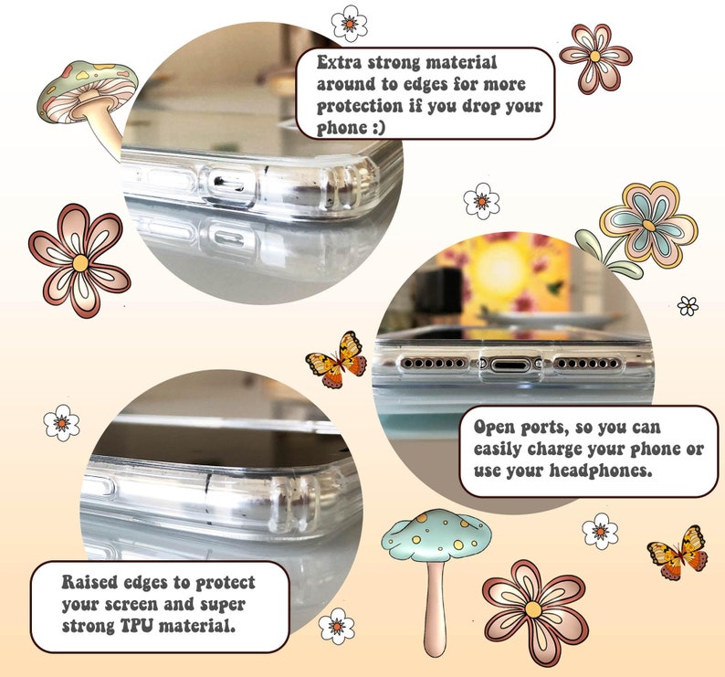 May include: A clear phone case with raised edges to protect the screen. The case has open ports for charging and headphones. The text "Extra strong material around to edges for more protection if you drop your phone :)" is visible in the image.