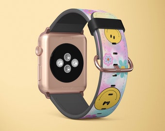 Smiley Tie Dye Apple Watch Band For Women For All Series iWatch Replacement Straps With Flowers Design 38 40 42 44mm, trippy, hippie