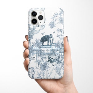 Elephant Blue Toile Phone Case for iPhone 16e 16 15 14 13 12 11 XR XS SE Samsung Galaxy S25 S24 S23 S22 vintage case floral french gift